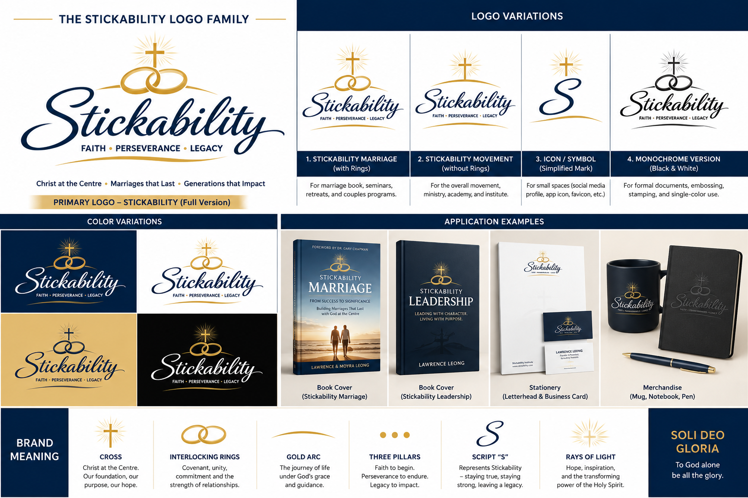 The Stickability visual identity: a cross, interlocking rings, gold arc, and Faith, Perseverance, Legacy wording, with logo variations and illustrative brand applications.